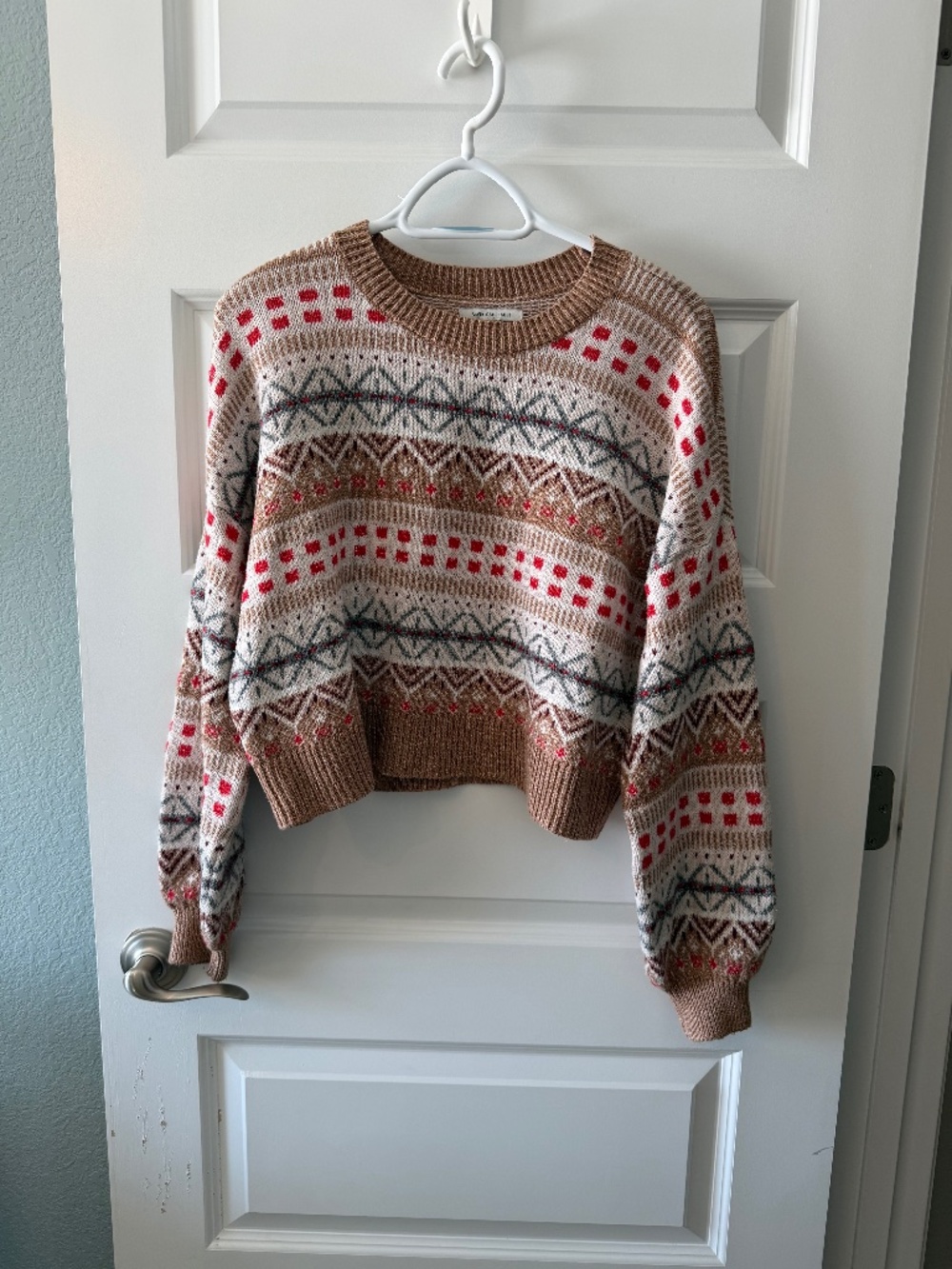 American Eagle Outfitters Tan Multicolor Fair Isle Crewneck Sweater